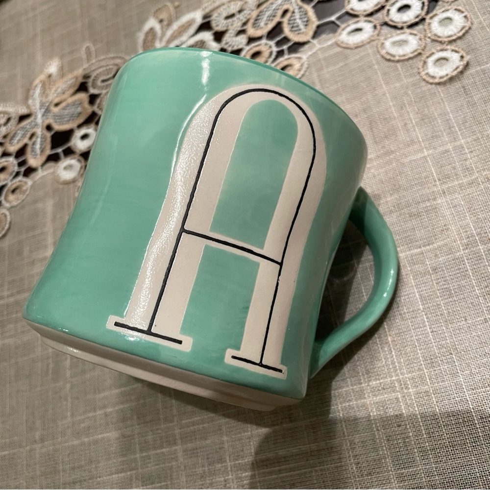 Anthropologie Green Hand Painted Ceramic Mug Letter A